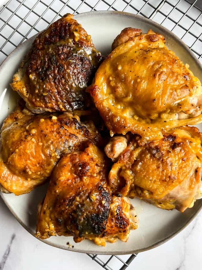 Close up shot of the Roasted Dijon Chicken Thighs with Crispy Skin. 