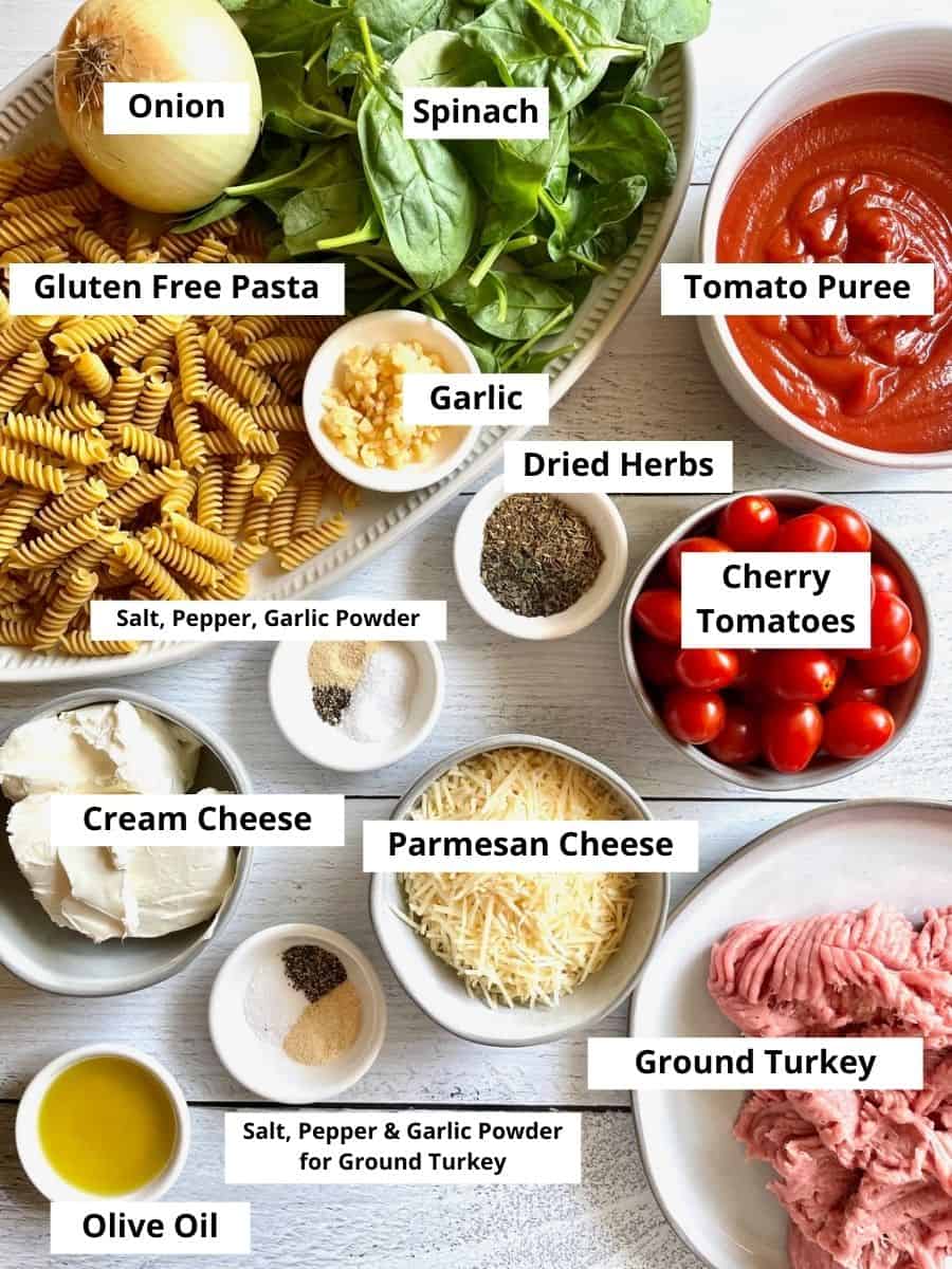 Image of ingredients needed for pink pasta sauce. All ingredients are labeled. 