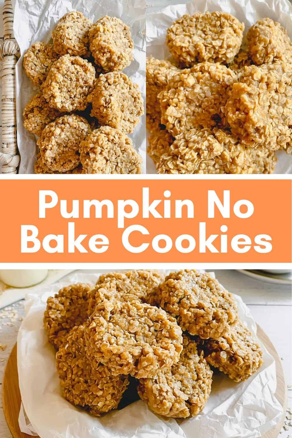 Pinterest image.  Shows three different images of the finished pumpkin cookies with a text overlay of the name of the cookies.