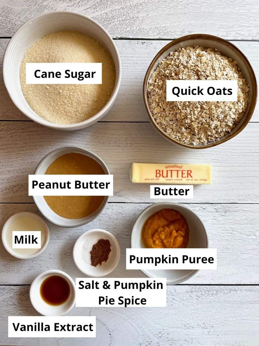 Ingredients needed for Pumpkin no bakes measured out and displayed in small bowls.  The image show scan sugar, quick oats, peanut butter, butter, milk, pumpkin puree, salt, pumpkin pie spice and vanilla extract.