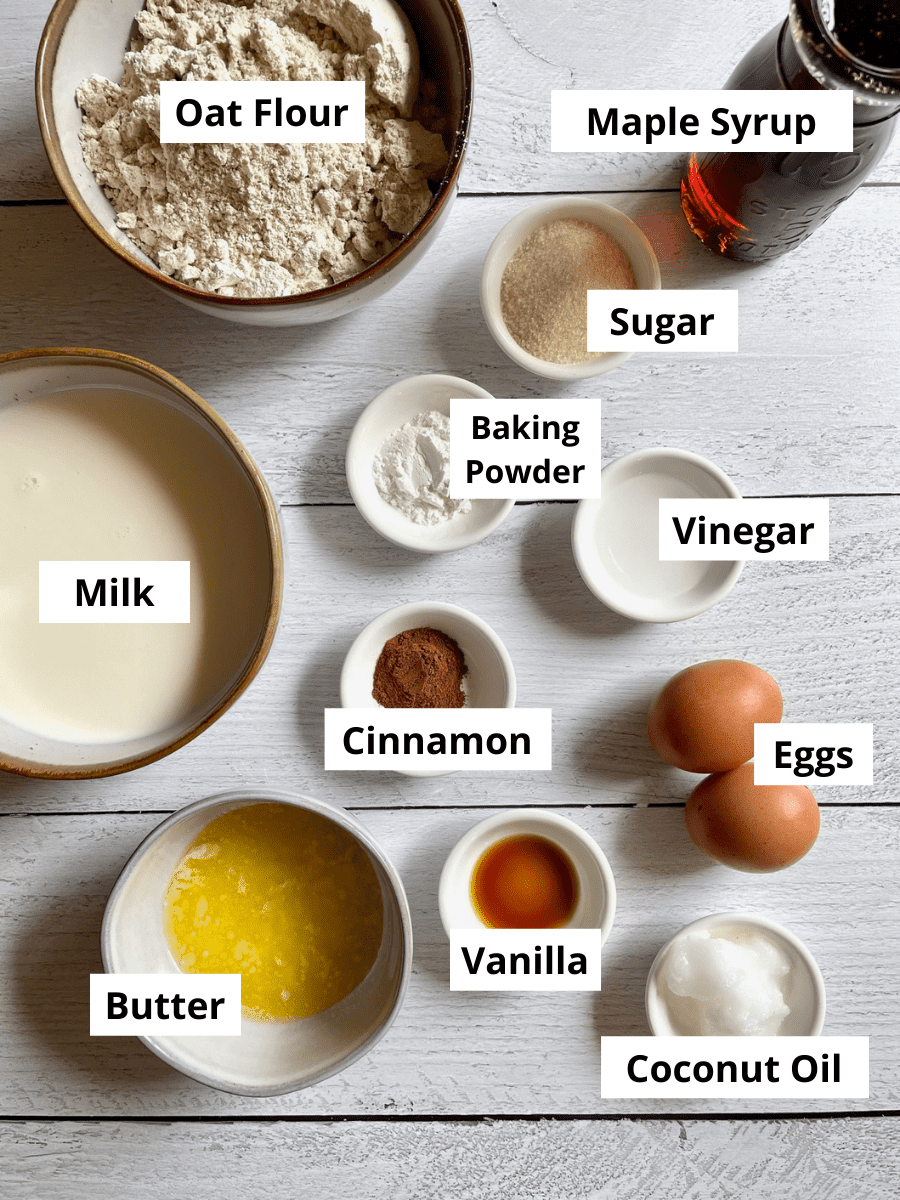 Ingredients needed for oat flour pancakes.