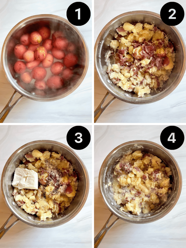 Four photos that illustrate the steps that are taken to make the red skinned mashed potatoes.  Step 1 is red potatoes in boiling water.  Step 2 is the potatoes mashed.  Step 3 shows the potatoes with the additional ingredients added.  Step 4 is the potatoes mixed together.