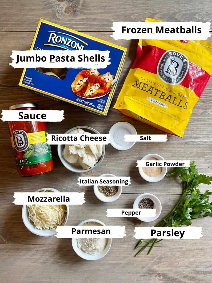 Ingredients needed to make Meatball Stuffed Shells