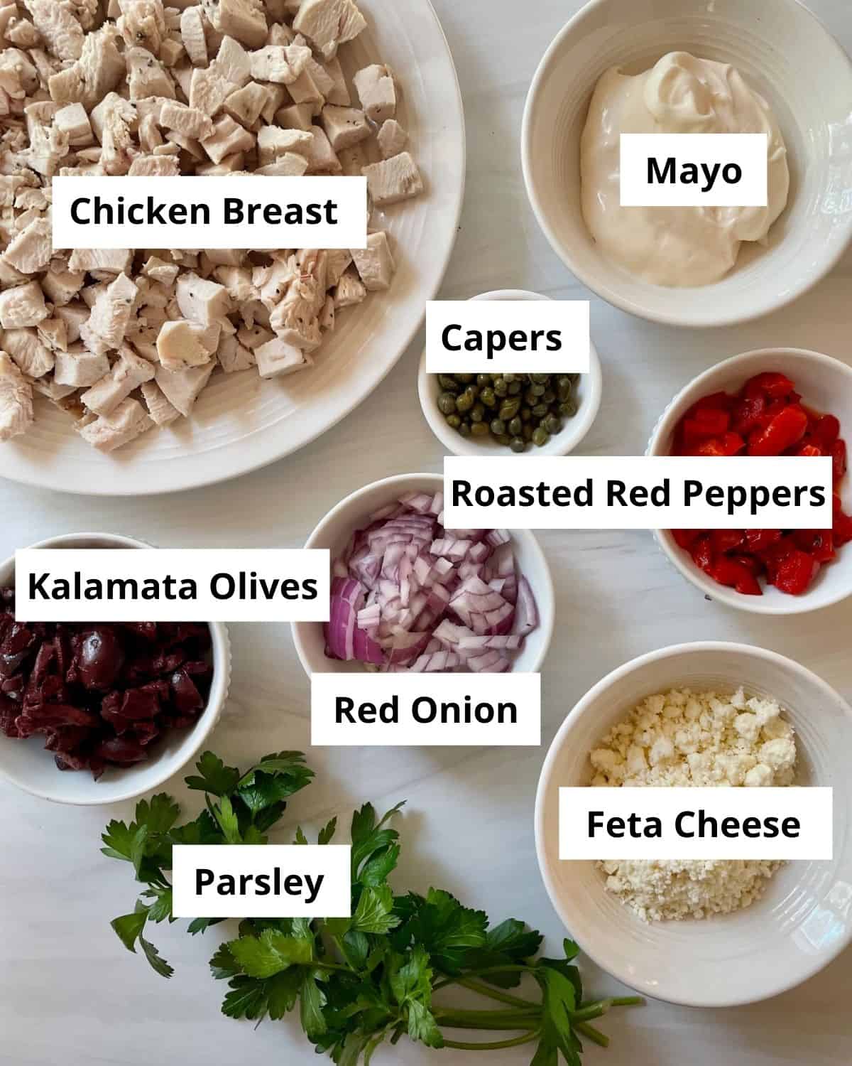 Creamy Mediterranean Chicken Salad ingredients labeled 