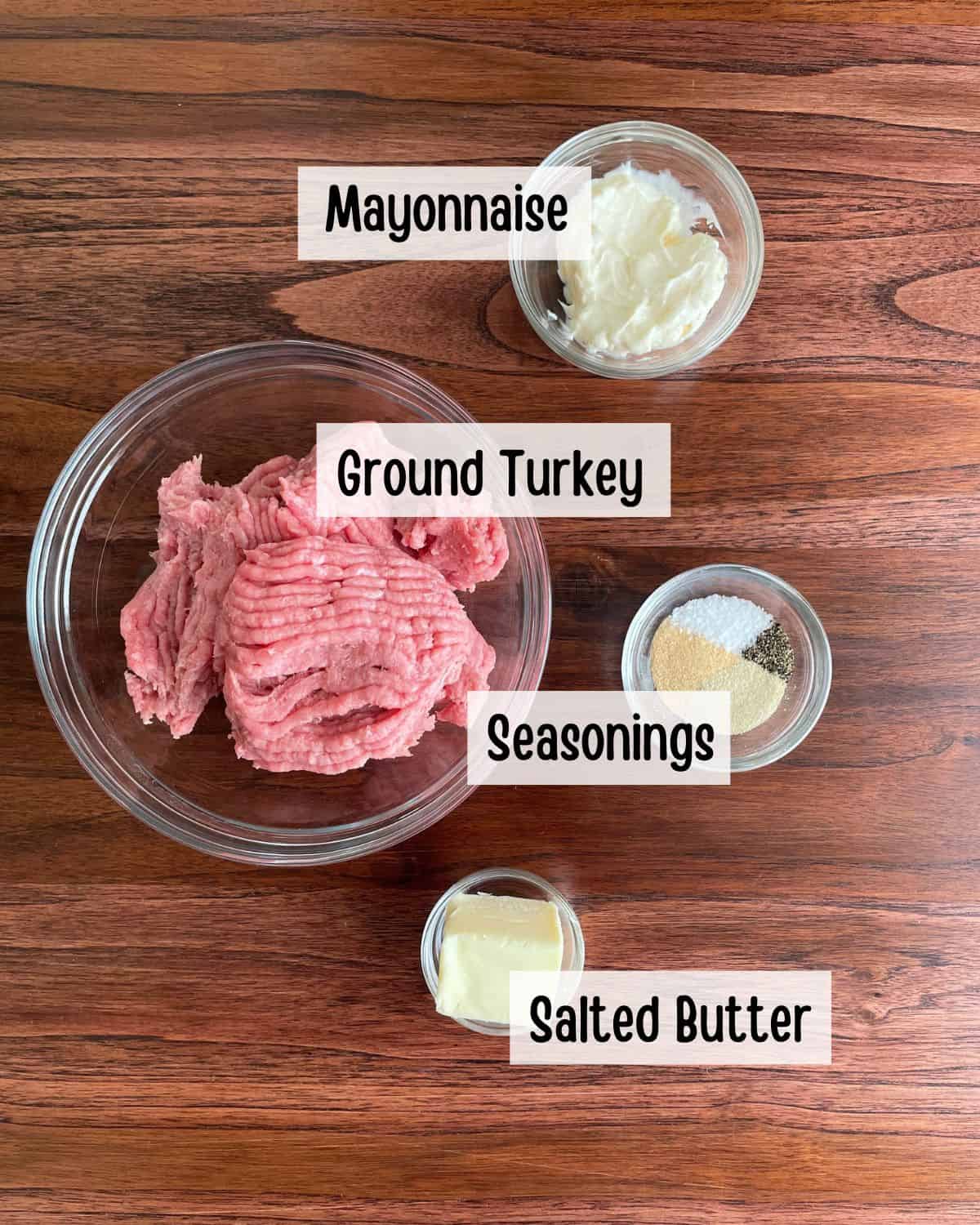 Ingredients needed to make smashed turkey burgers.