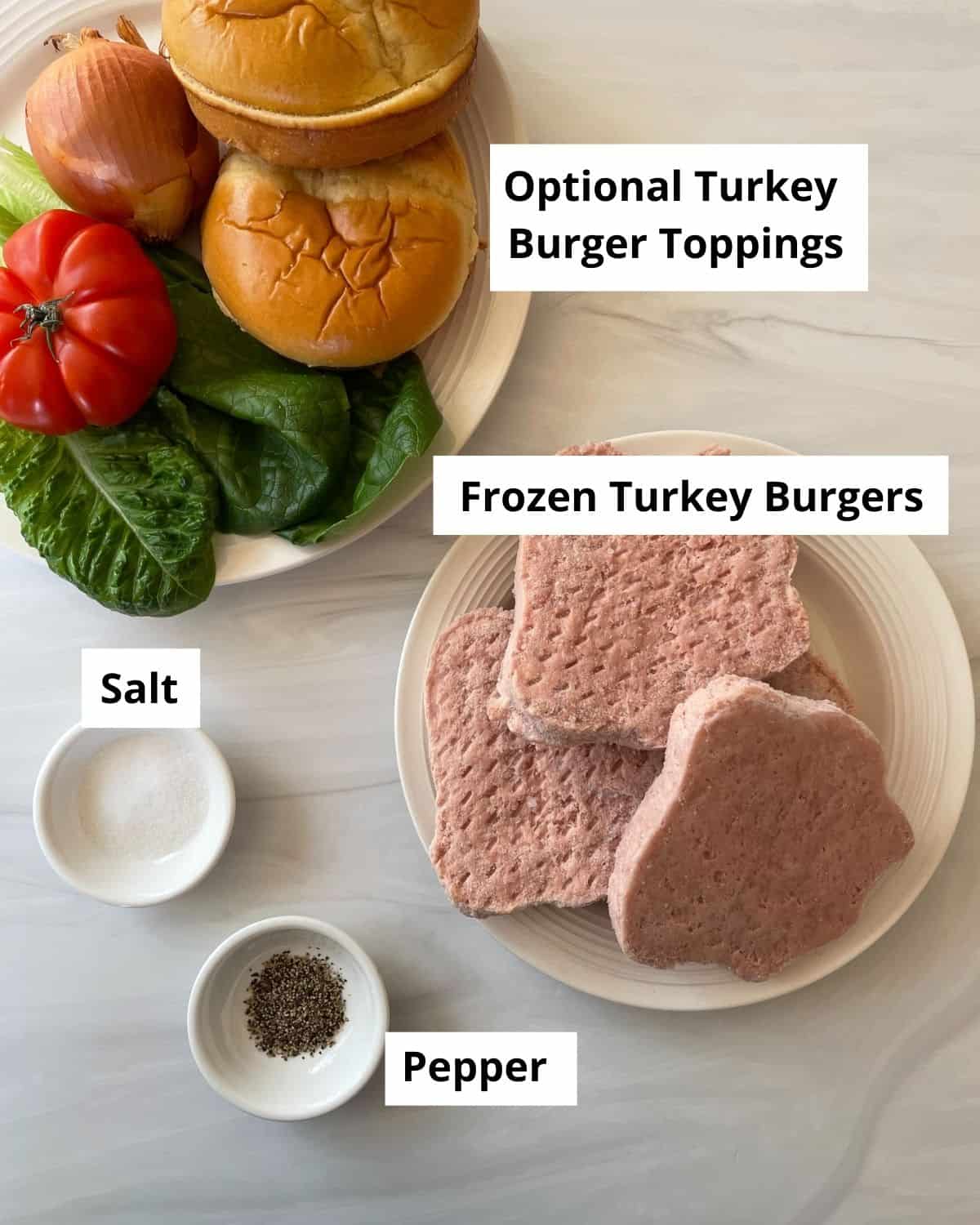 Ingredients needed to make air fryer frozen turkey burgers.