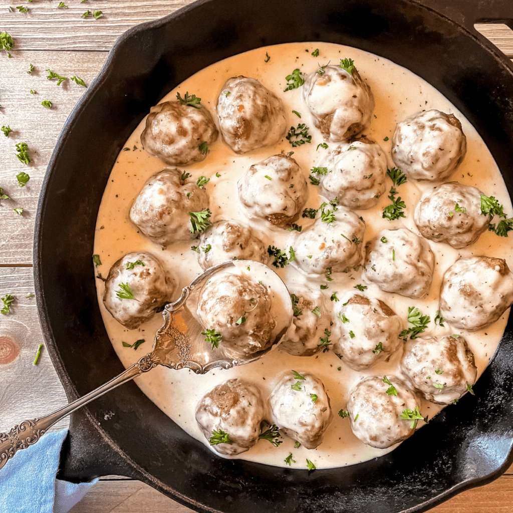 Pesto Turkey Meatballs with Alfredo Sauce Sugar & Snap Peas