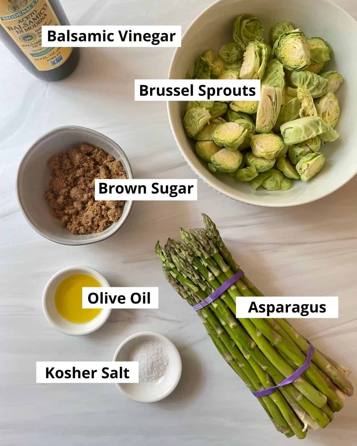 Roasted asparagus and brussel sprouts recipe ingredients.
