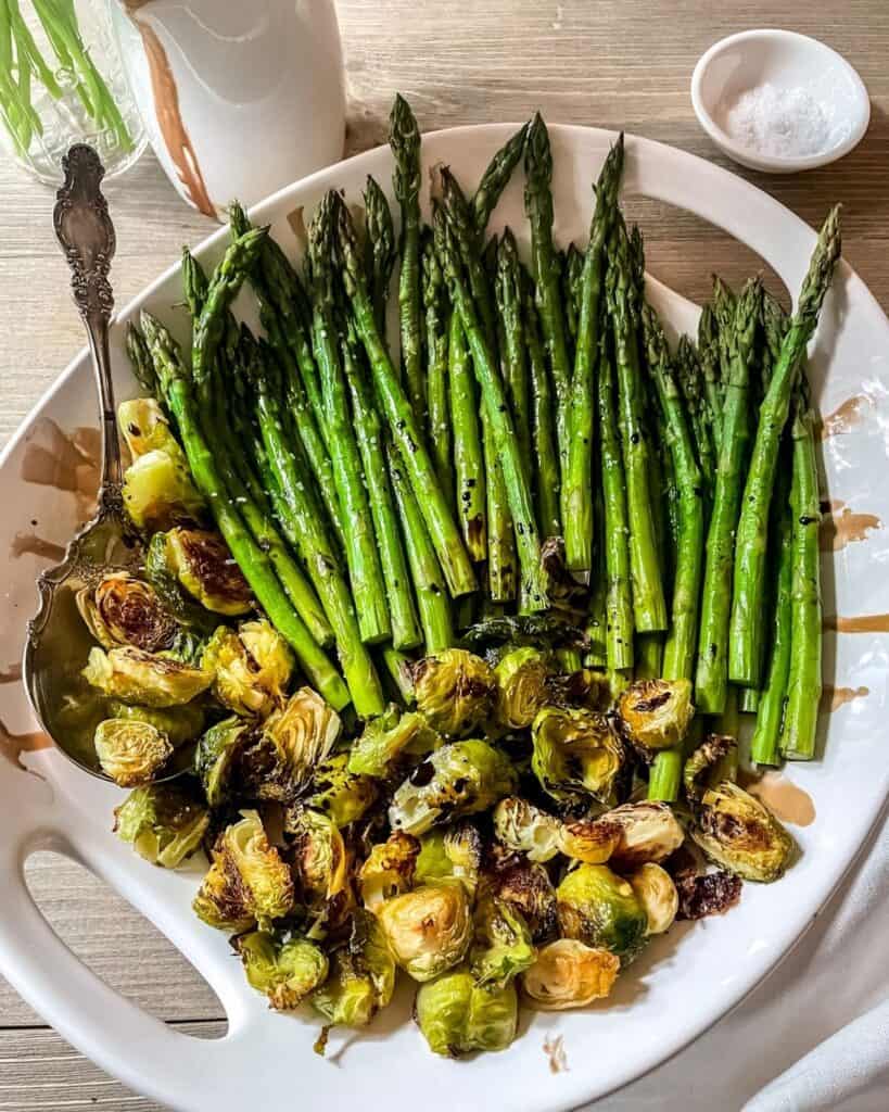 Balsamic Roasted Asparagus and Brussels Sprouts - Sugar & Snap Peas