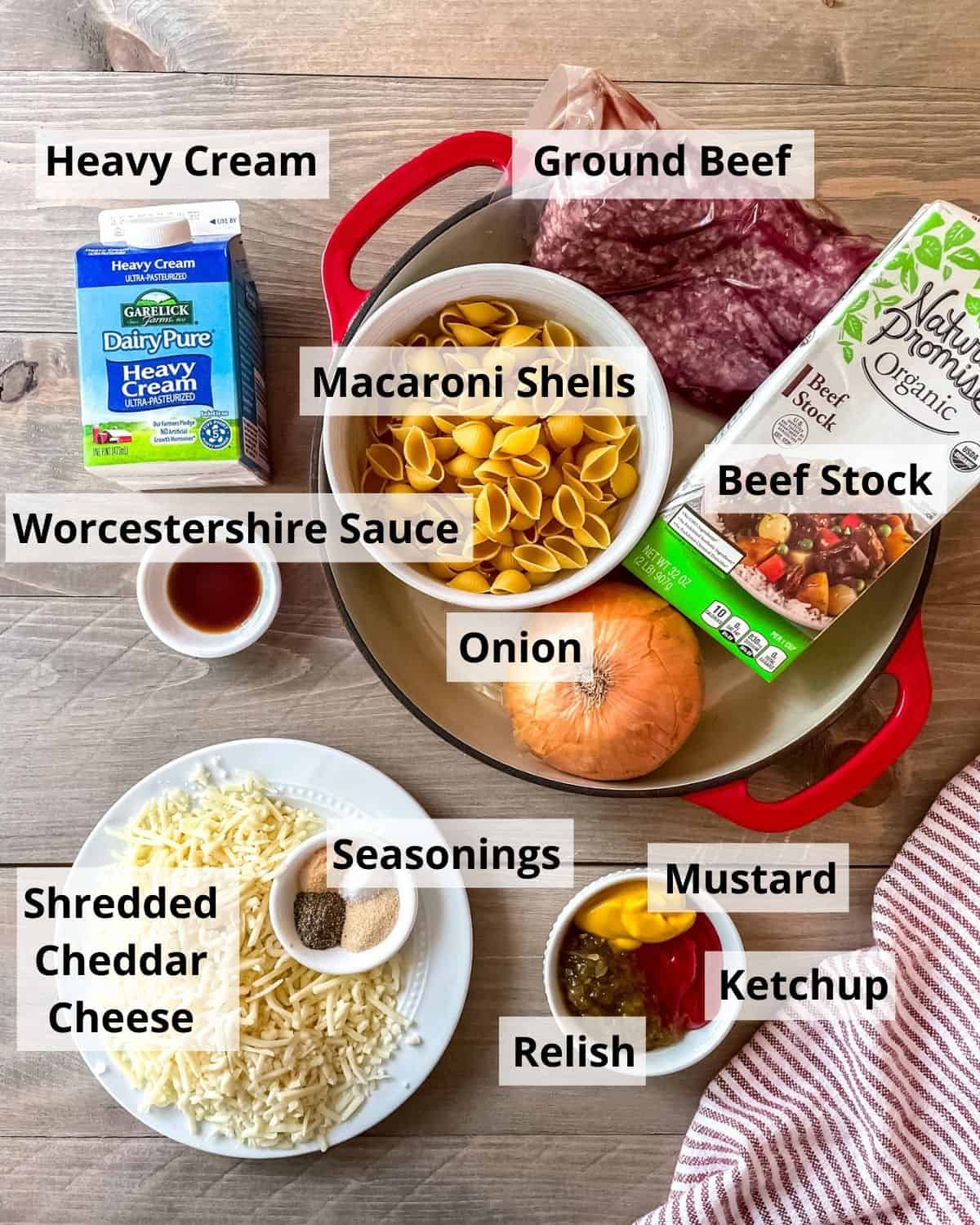 Ingredients needed to make a cheeseburger pasta skillet.