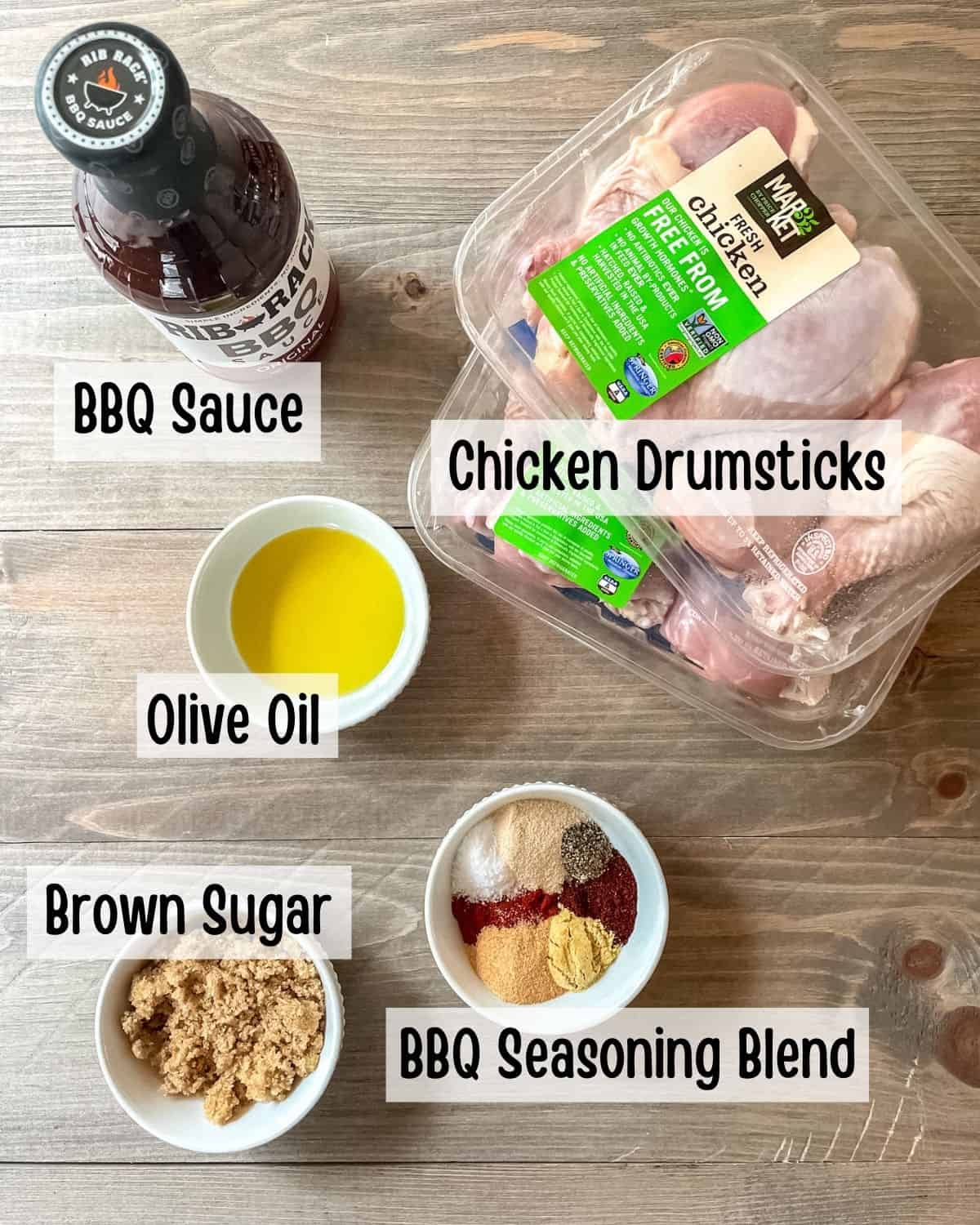 Grilled chicken drumstick recipe ingredients with labels.