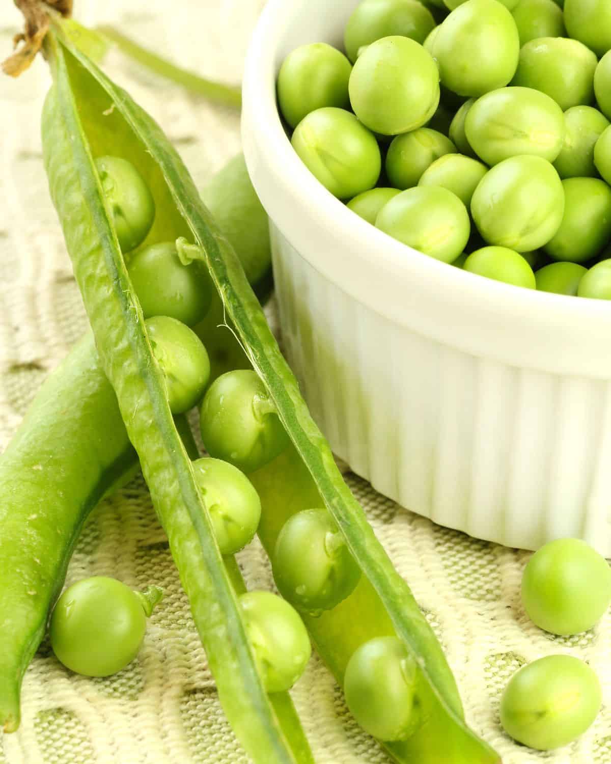 Fresh green peas in a pod and in a white bowl, used as an asparagus substitute.