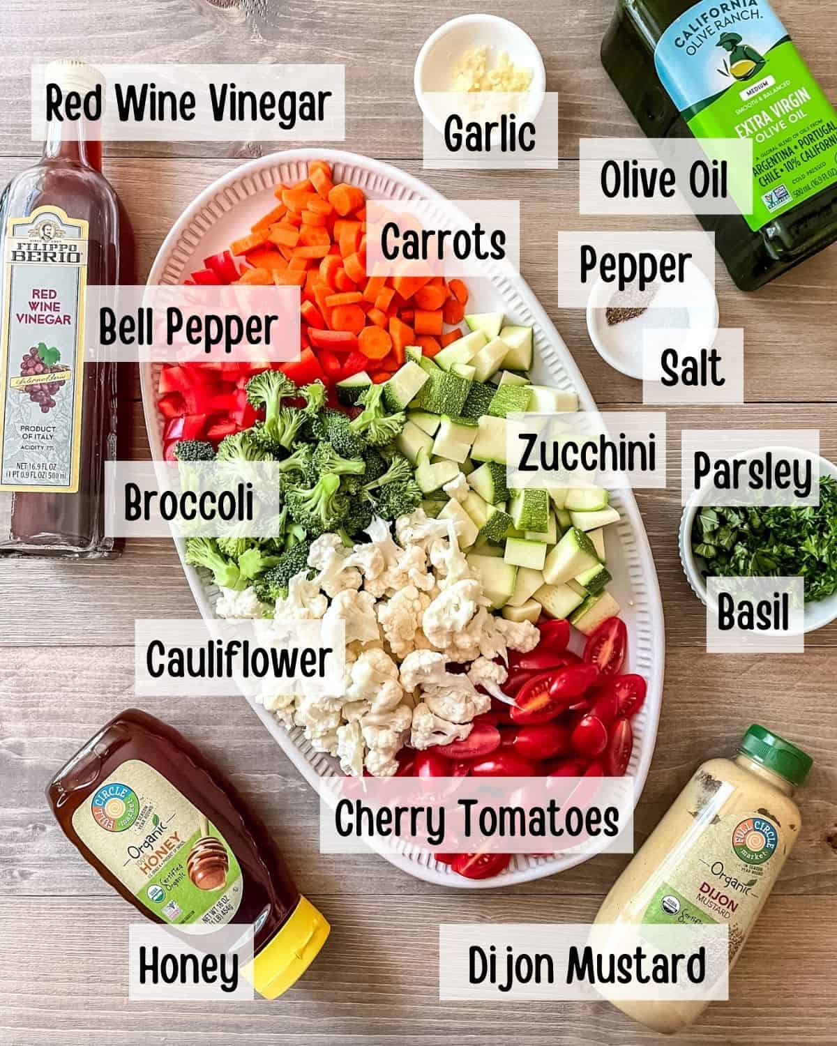 Labeled photo of the ingredients needed to make a raw vegetable salad recipe.