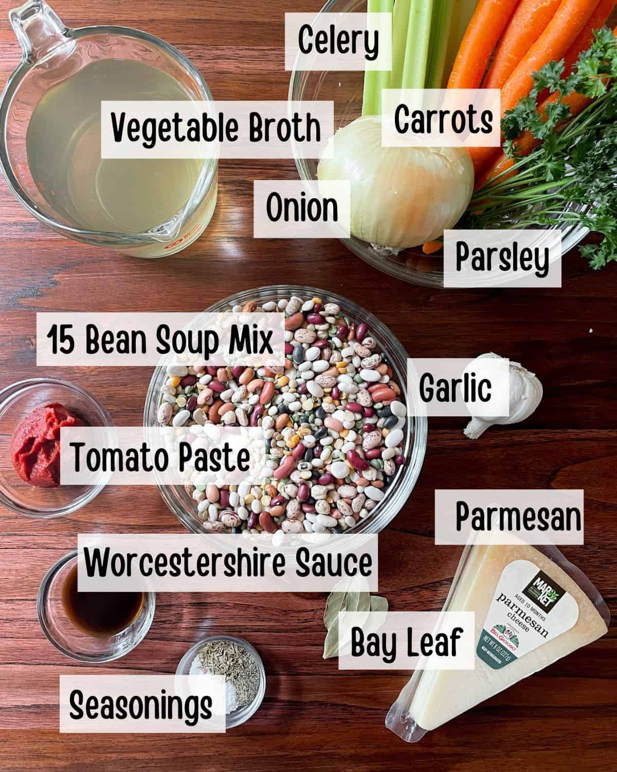 Ingredients needed to make 15 bean soup in the slow cooker.