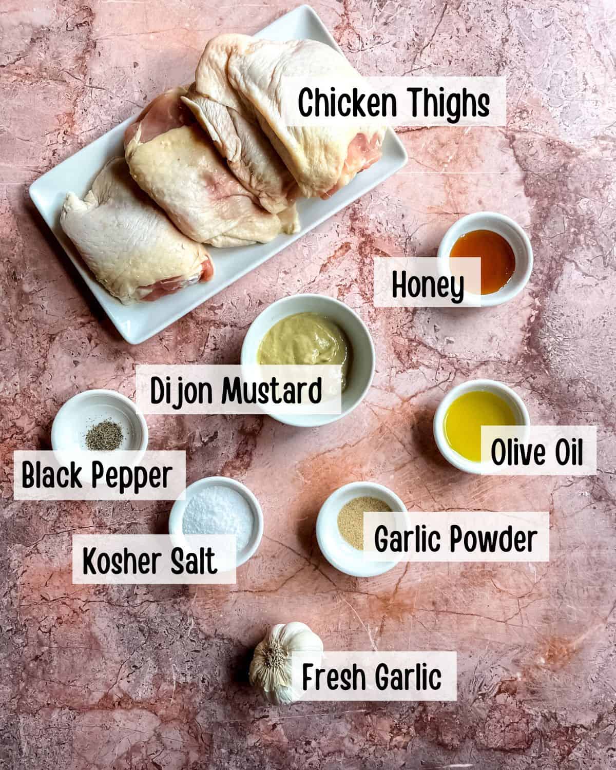 Ingredients needed to make Dijon Chicken Thighs.