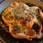 Roast Chicken with Garlic Butter in a round, red, roasting pan, garnished with fresh rosemary.