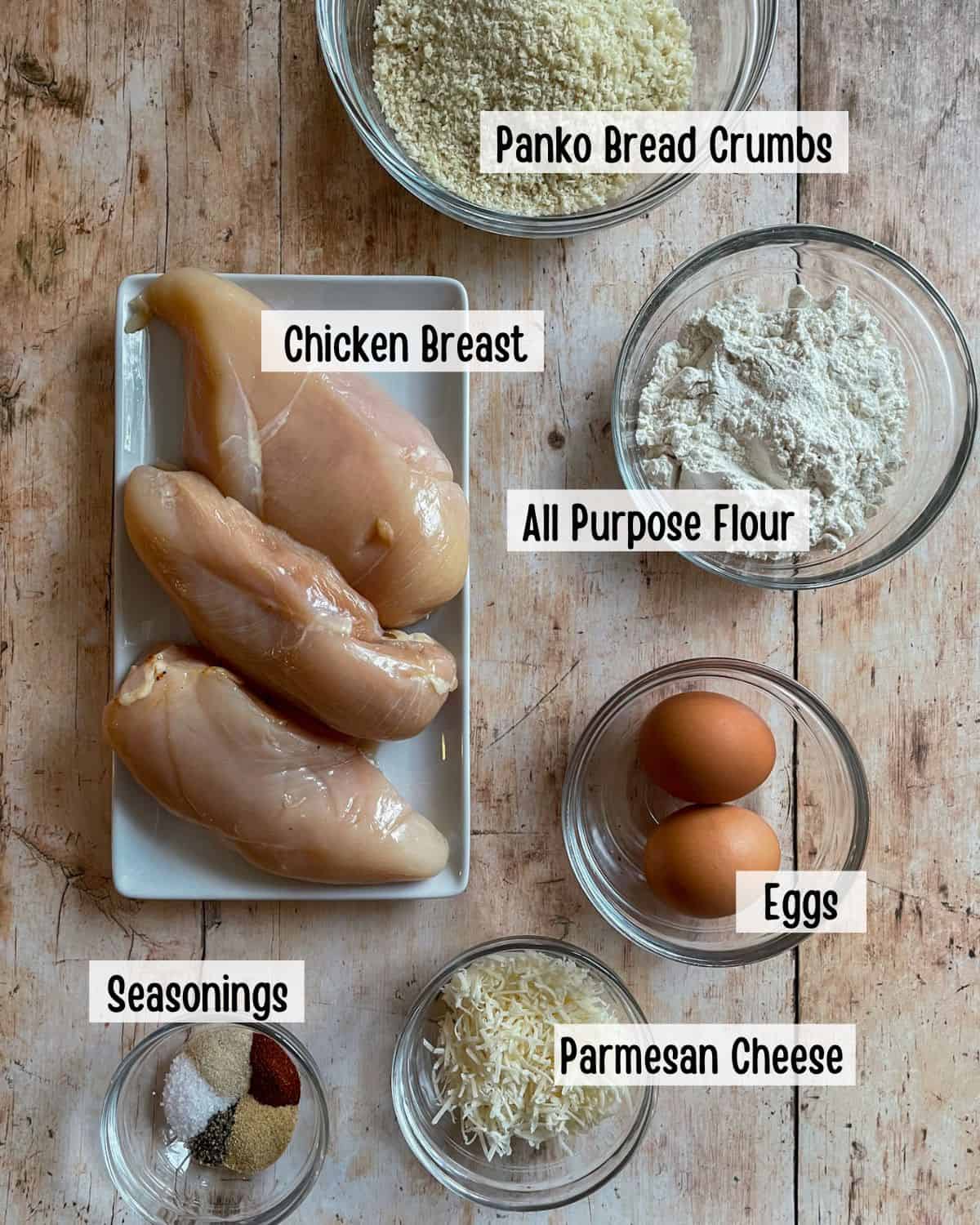 Ingredients needed to make baked panko chicken.