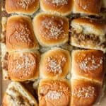 Up close image of cooked Cheeseburger Sliders with Hawaiian rolls.