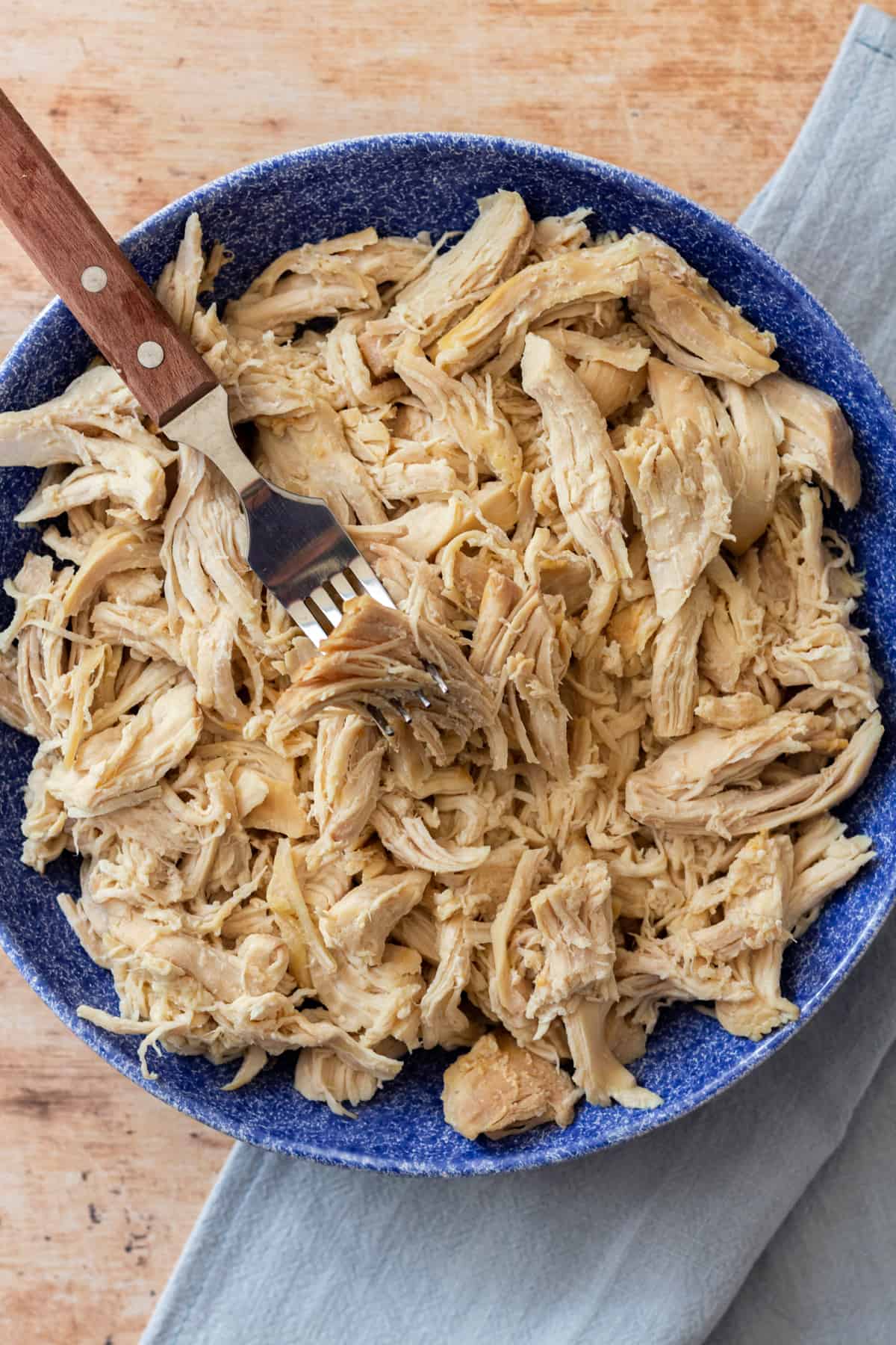Pulled chicken (dutch oven) in a blue bowl, on top of a blue napkin, with a fork.