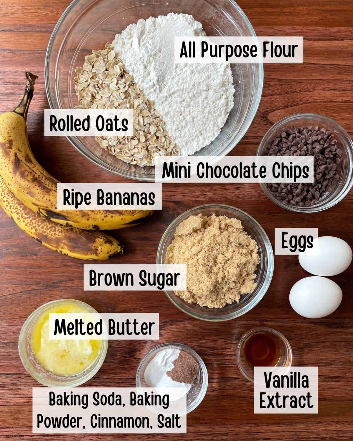 Ingredients needed to make Chocolate Chip Oatmeal Banana Bread.