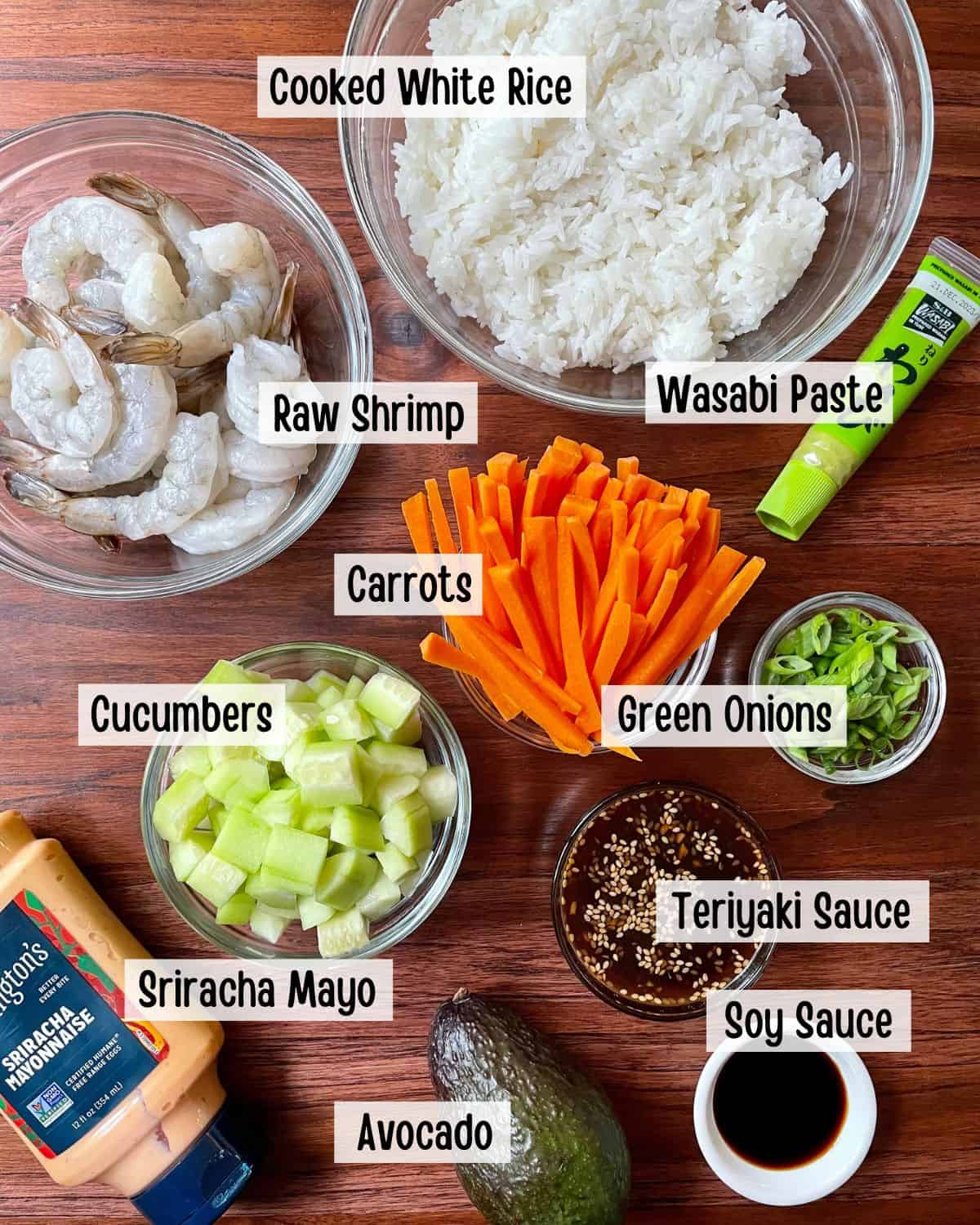 Ingredients needed to make Teriyaki Shrimp Sushi Bowls.