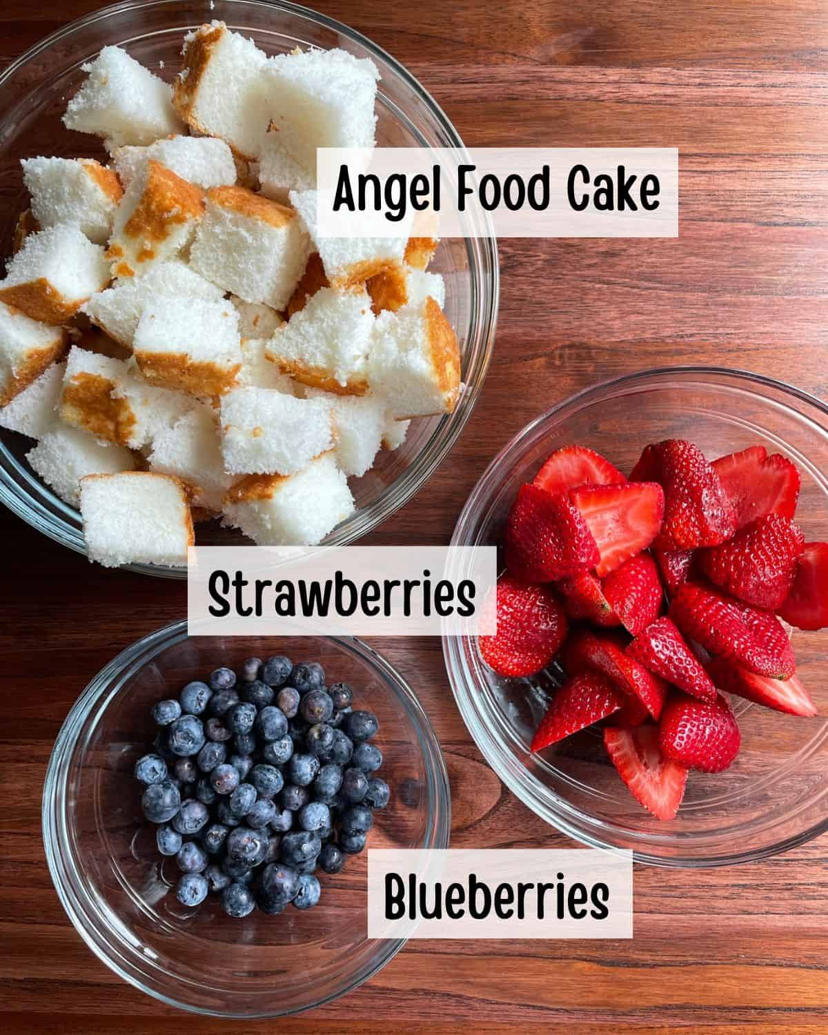 Ingredients needed to make Red, White, and Blue Berry Skewers.