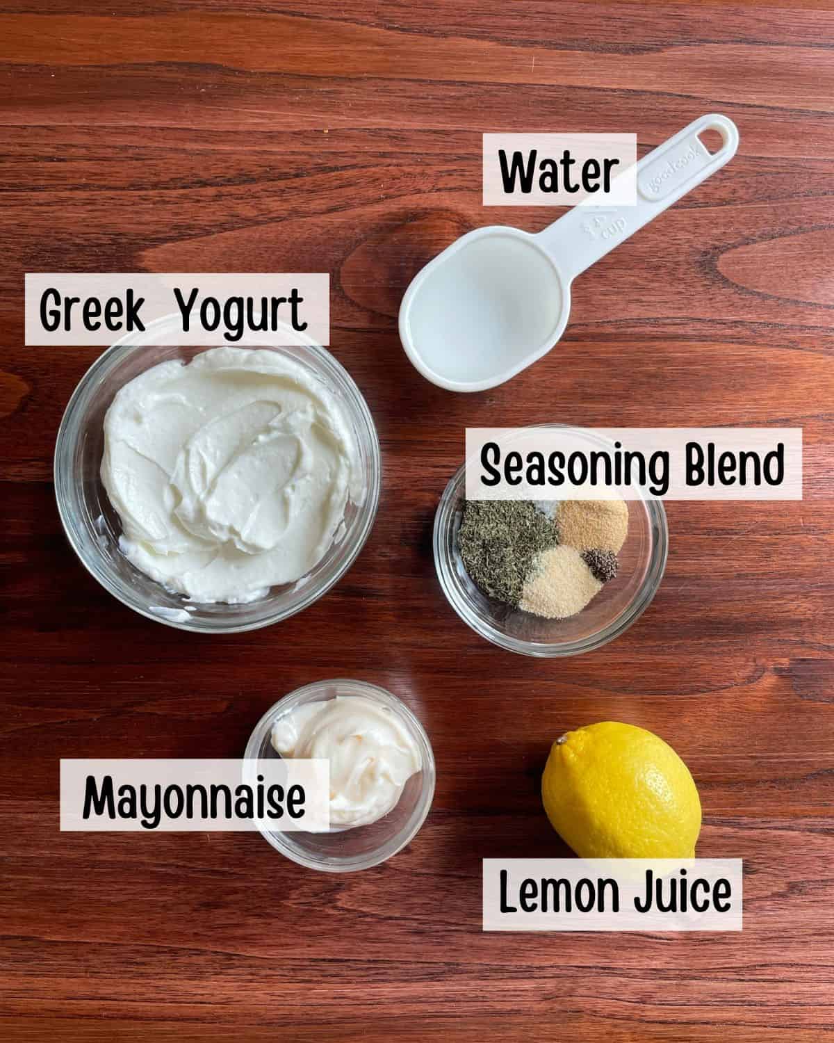 Ingredients needed to make Creamy Dill Salad Dressing.