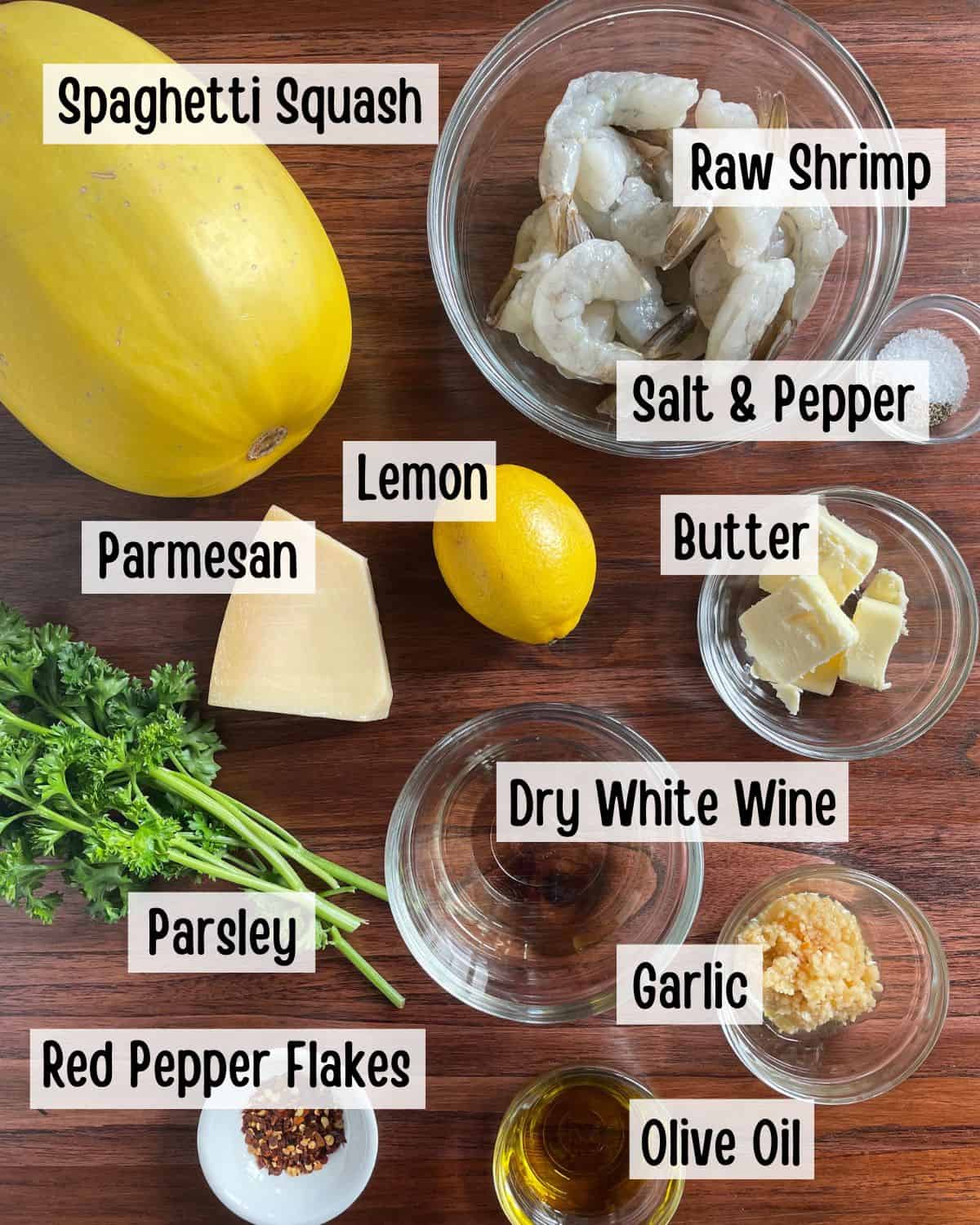 Ingredients needed to make grilled spaghetti squash and shrimp scampi.