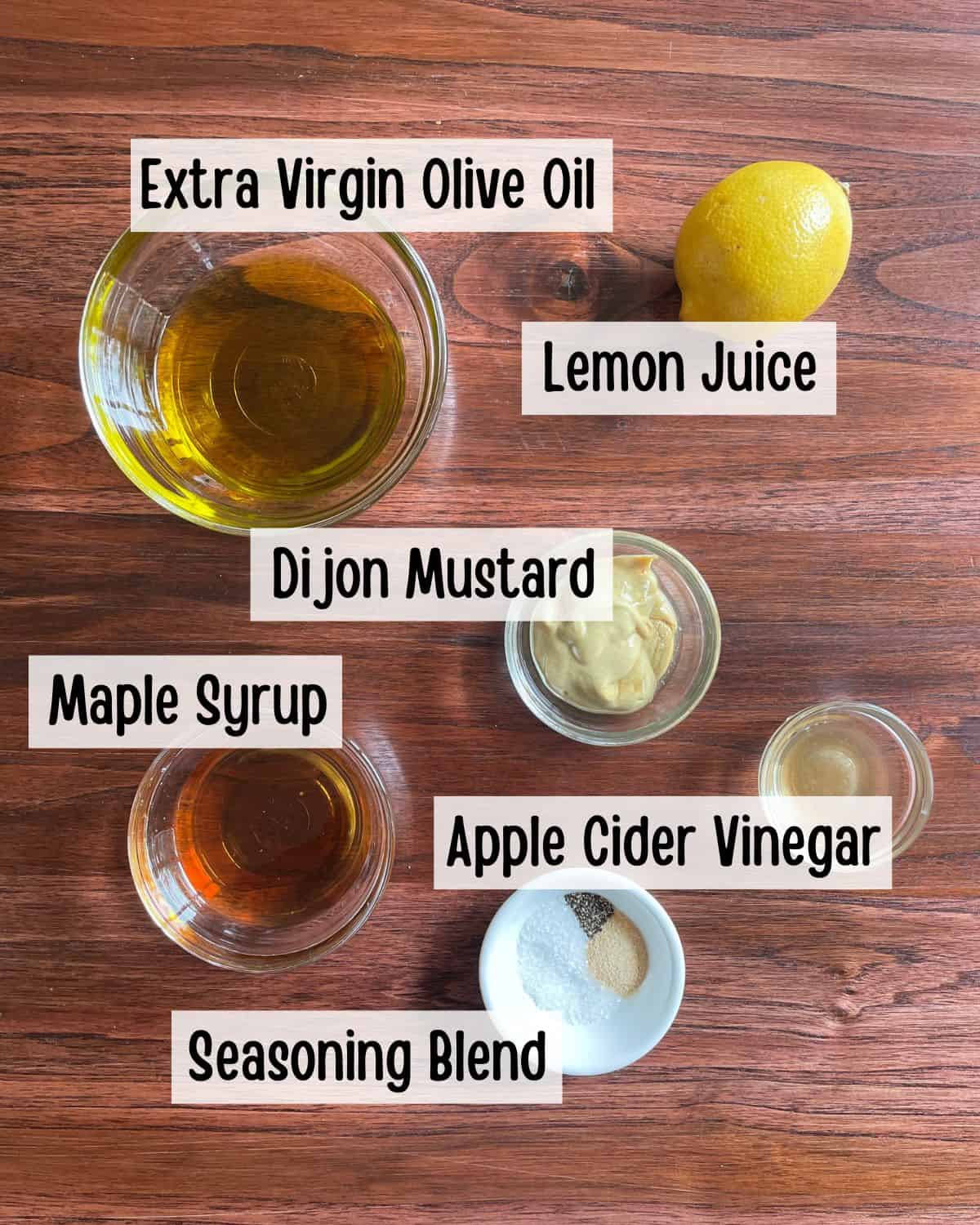 Ingredients needed to make Maple Dijon Dressing.