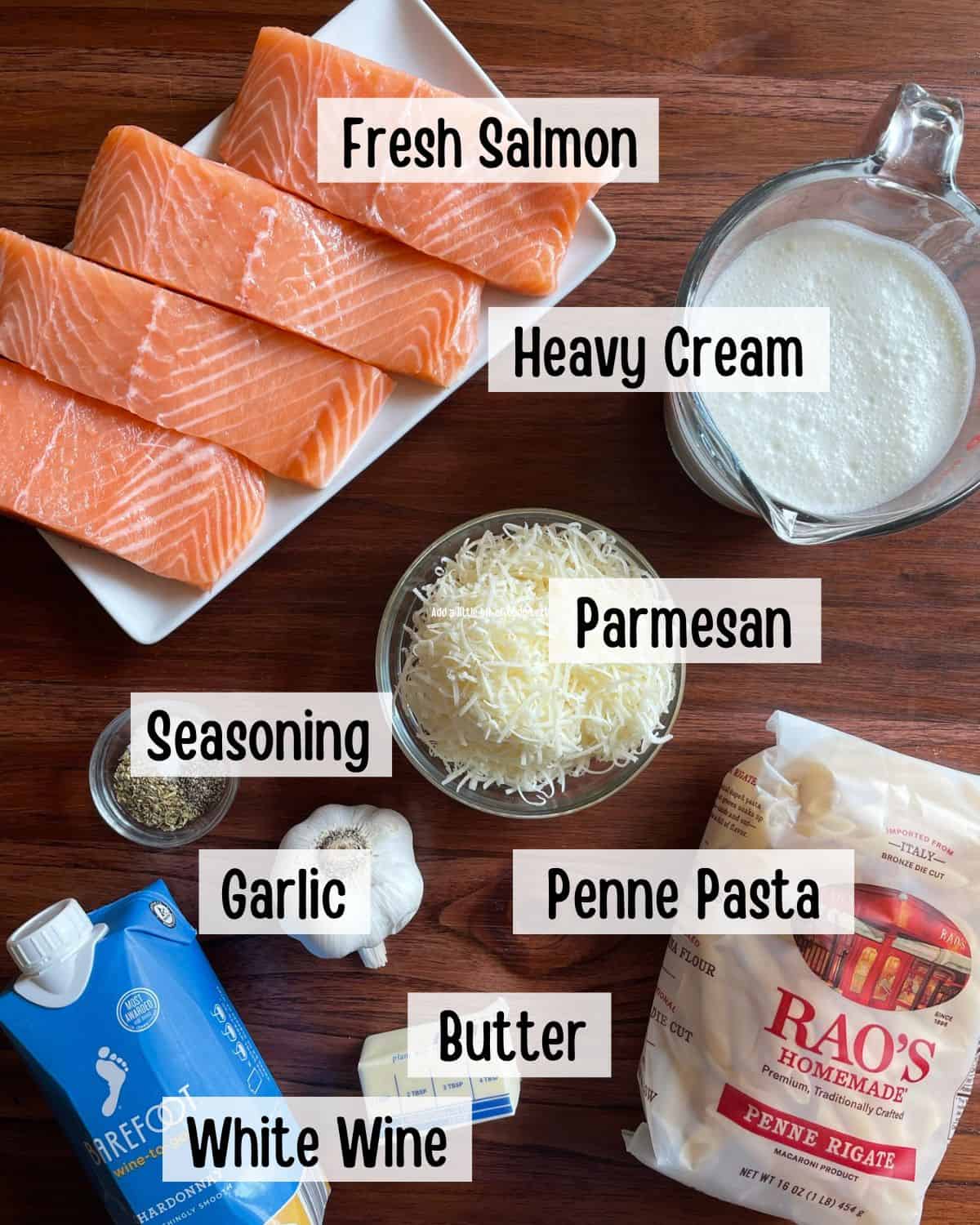 Ingredients needed to make Penne al Salmone.