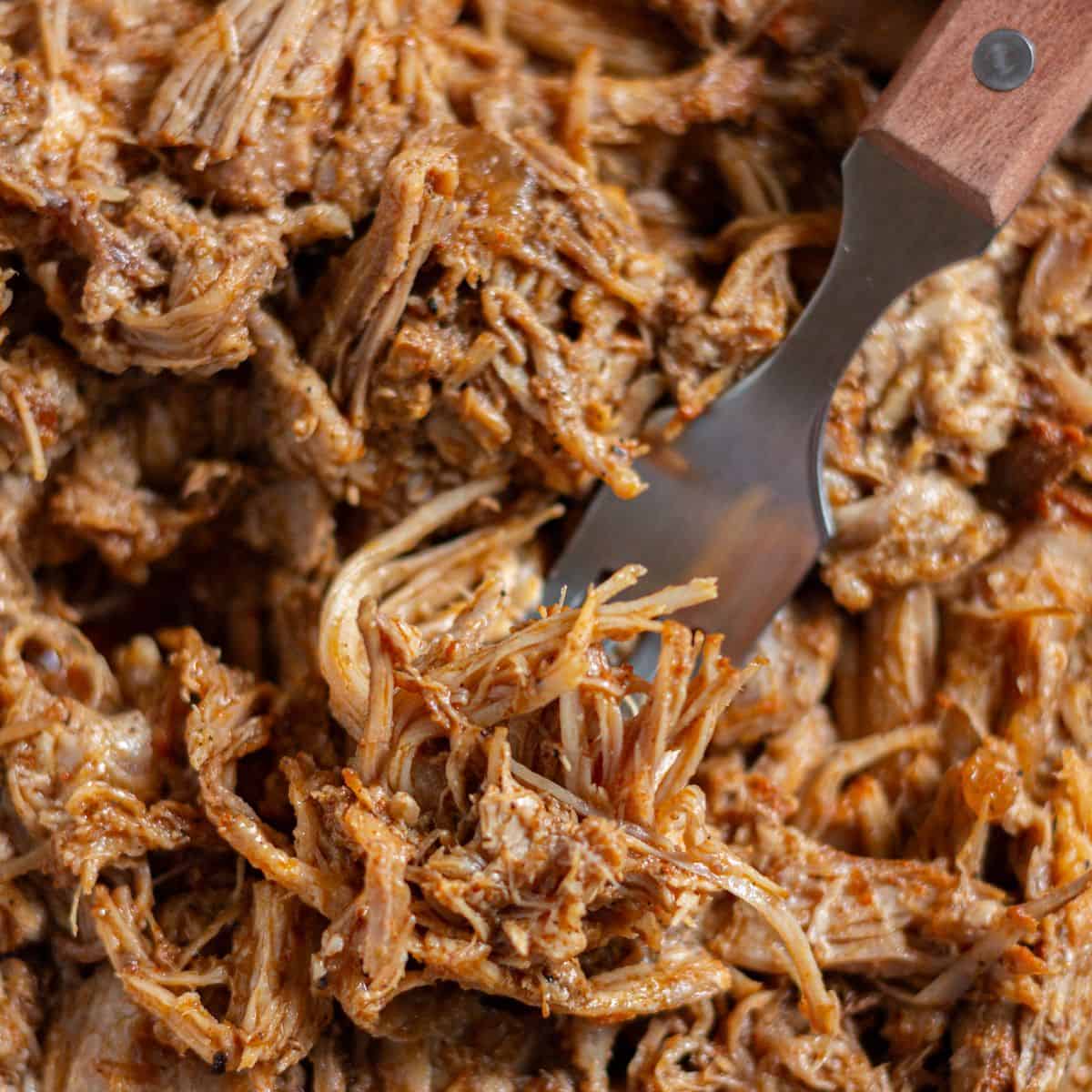 Zoomed in image of shredded pulled pork with a fork.