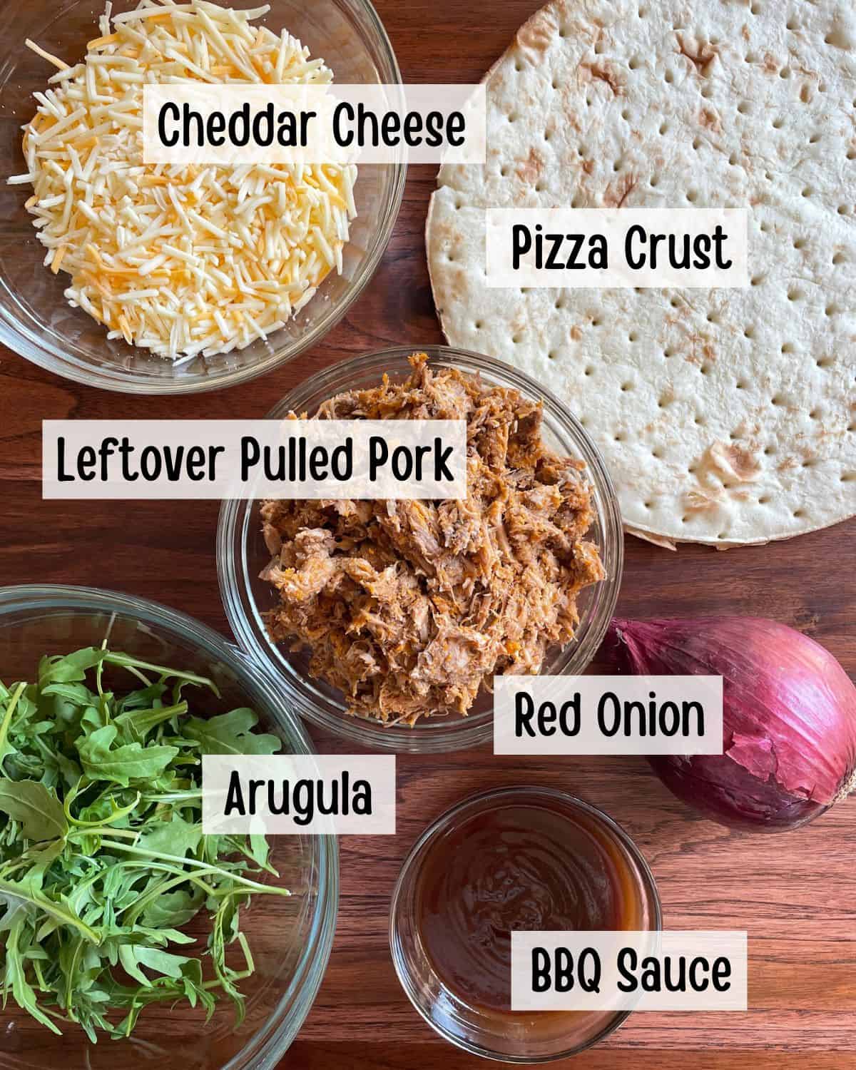 Ingredients needed to make leftover pulled pork pizza.