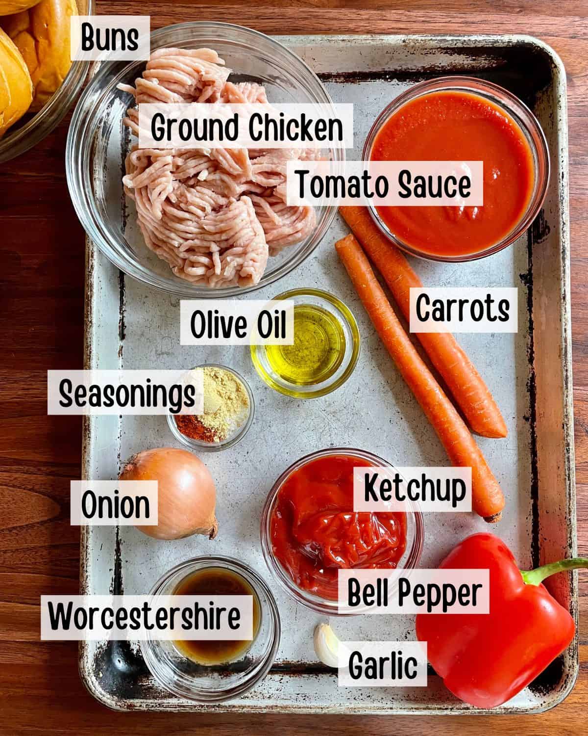 Ingredients needed to make ground chicken sloppy joes.