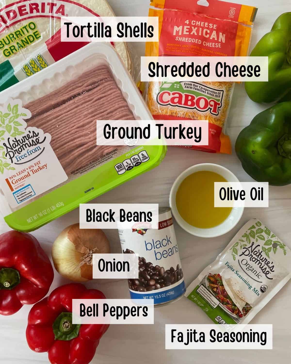 Ingredients needed to make easy ground turkey quesadillas.