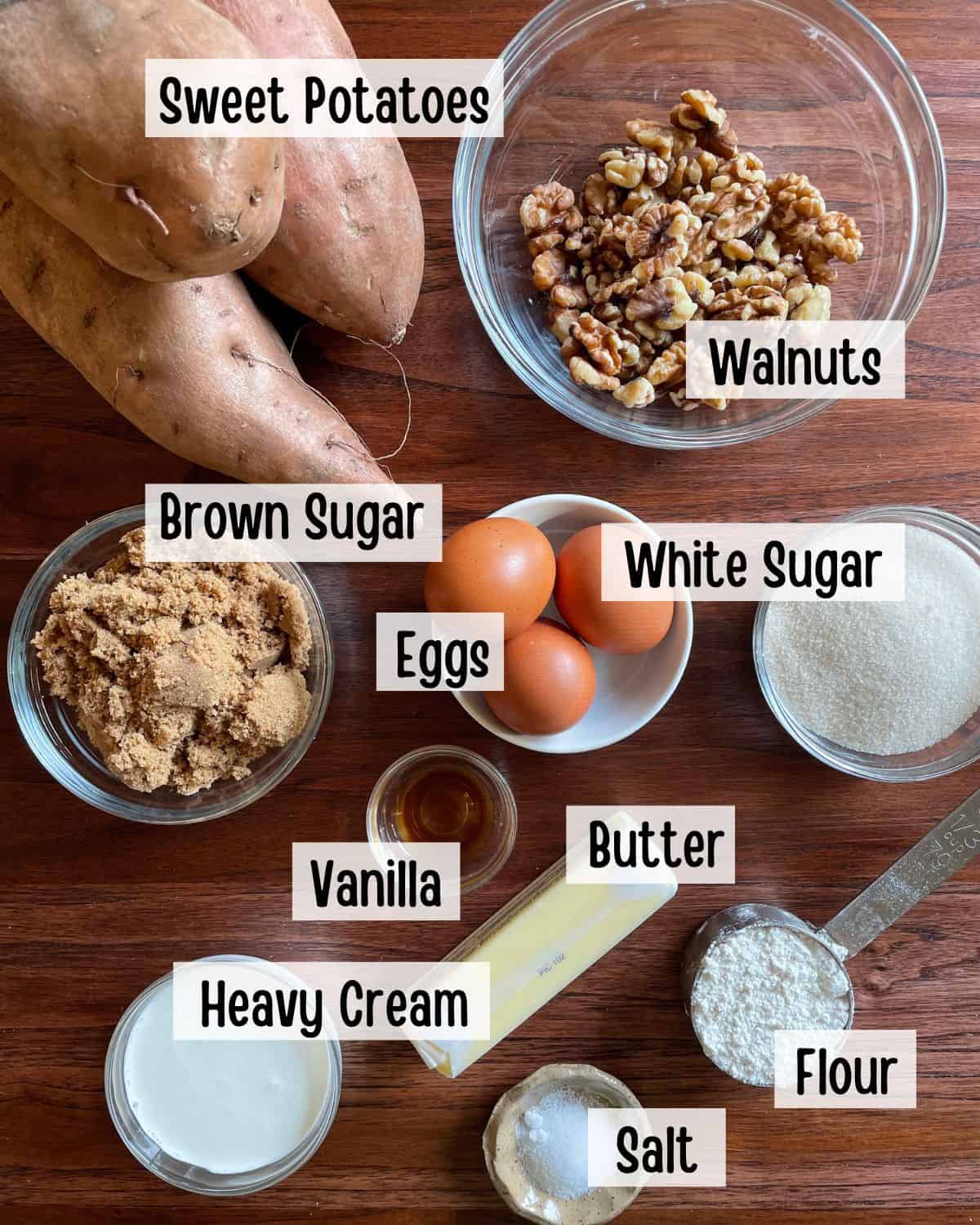 Ingredients needed to make a sweet potato casserole with walnut brown sugar topping.