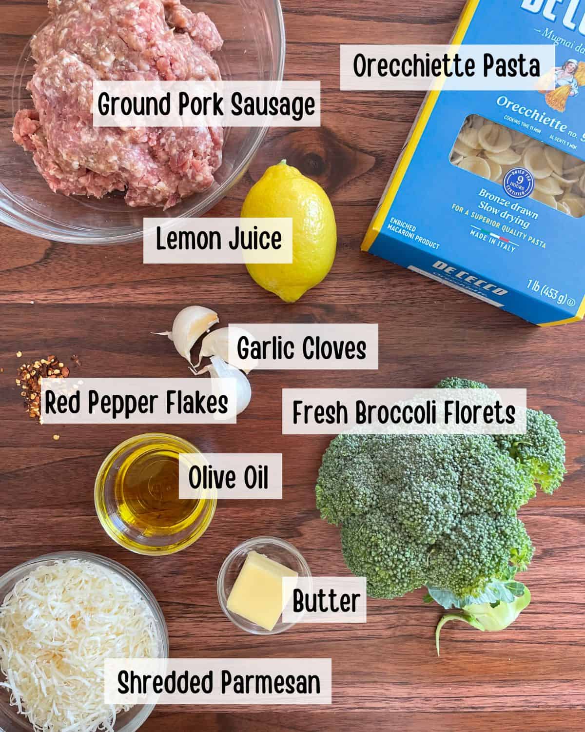 Ingredients needed to make this sausage, broccoli, and pasta recipe..