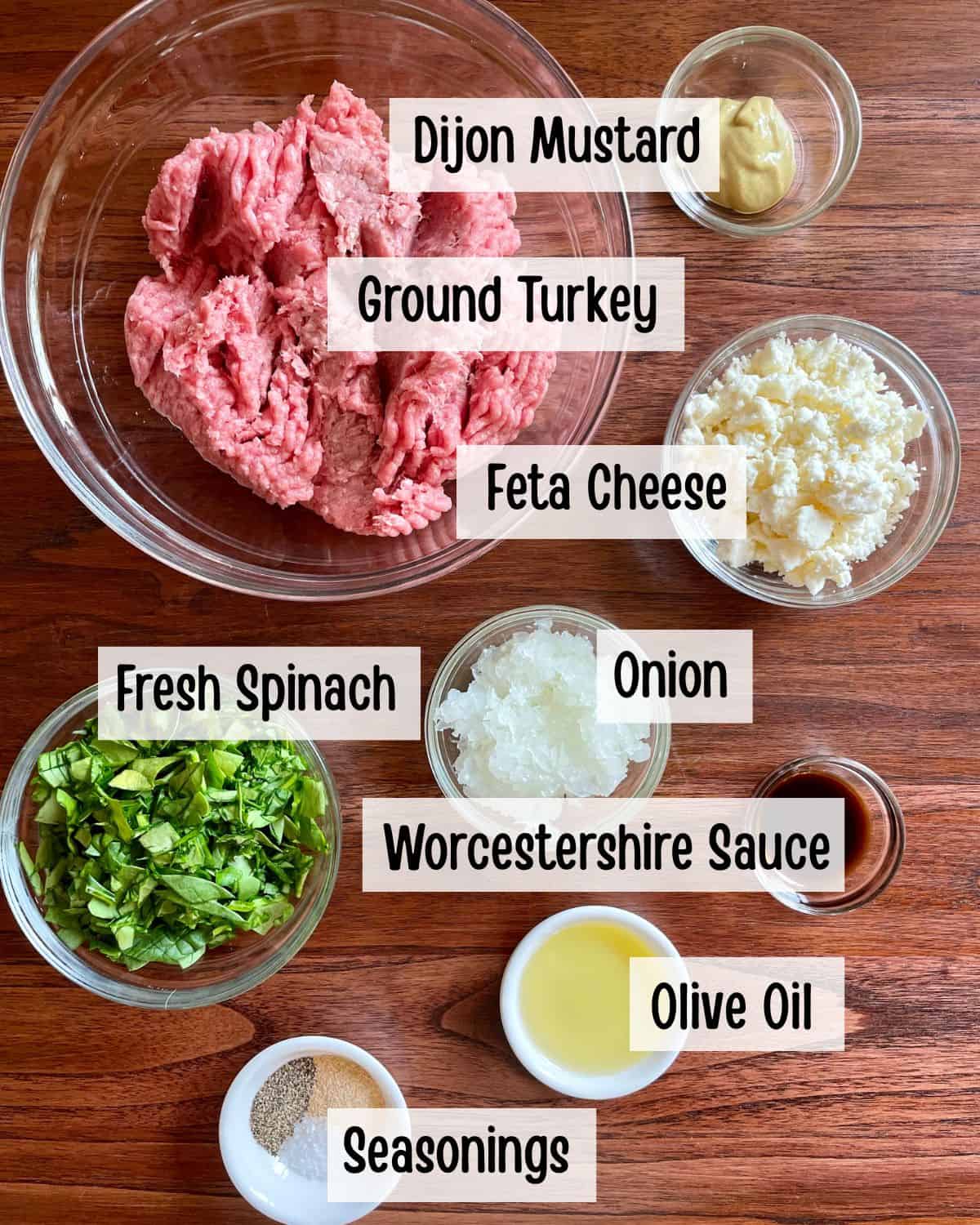 Ingredients needed to make spinach and feta turkey burgers.