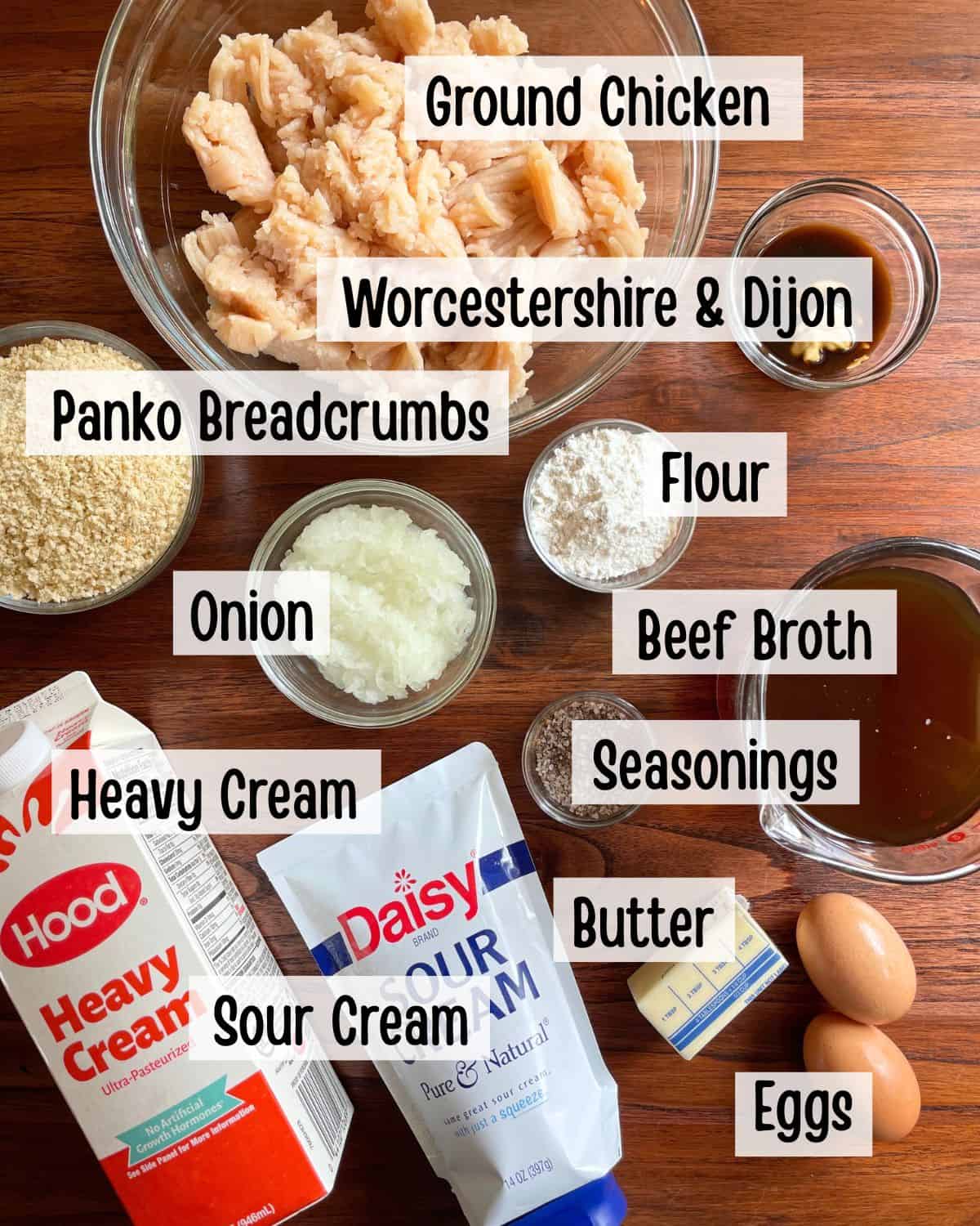 Ingredients needed to make Swedish meatballs with ground chicken.