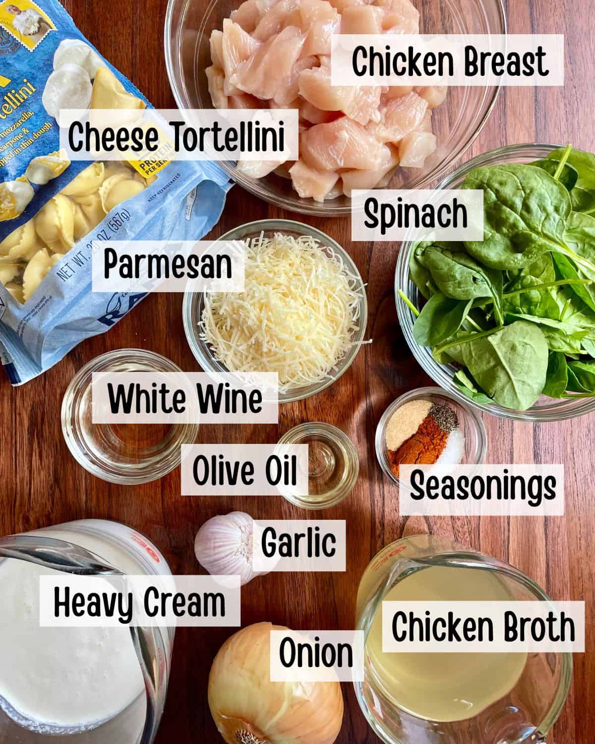 Ingredients needed to make creamy chicken and tortellini.
