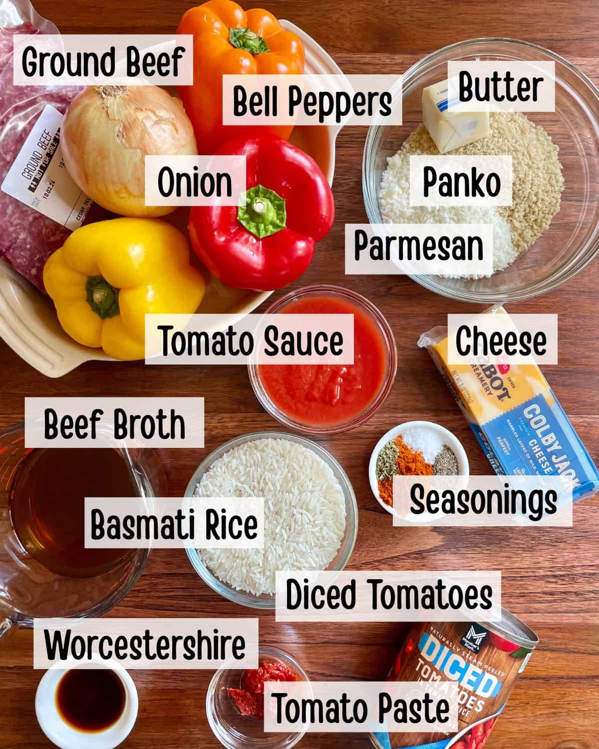 Ingredients needed to make skillet stuffed peppers.