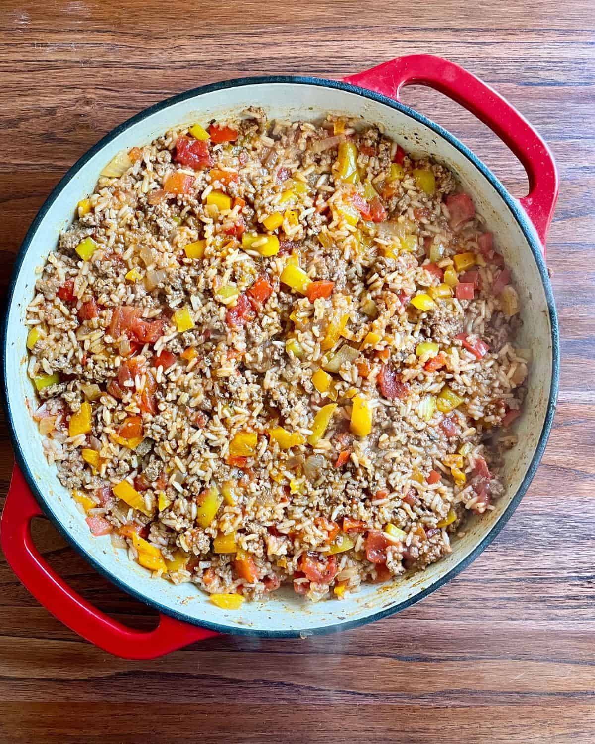 Stuffed bell pepper skillet fully-cooked.