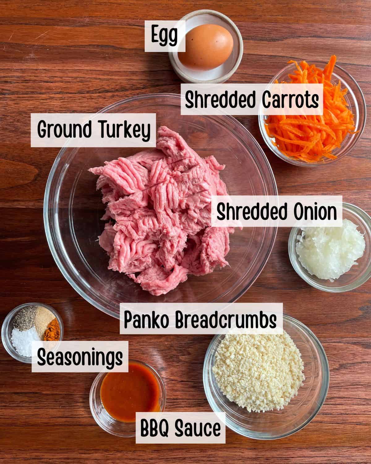 Ingredients needed to make mini meatloaves.
