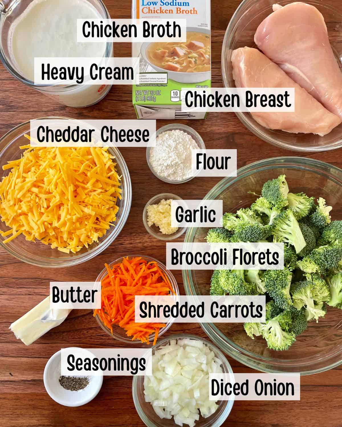 Ingredients needed to make creamy chicken broccoli and cheddar soup.