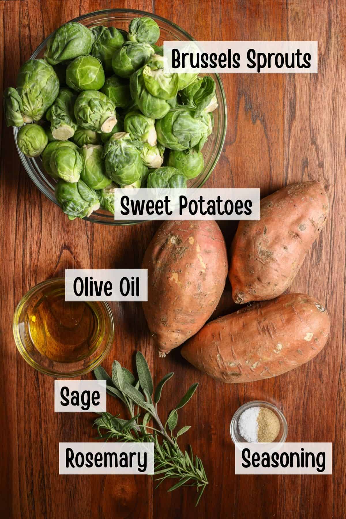 Ingredients needed to make oven-roasted Brussels sprouts and sweet potatoes.