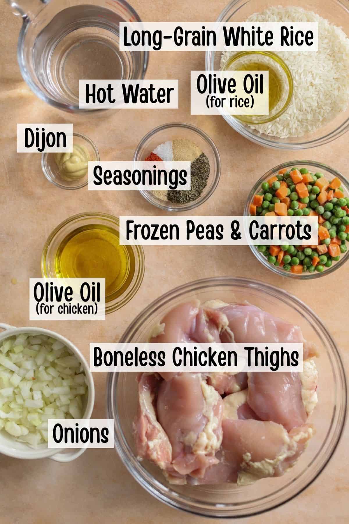 An image of labeled ingredients needed to make baked rice and chicken thighs.