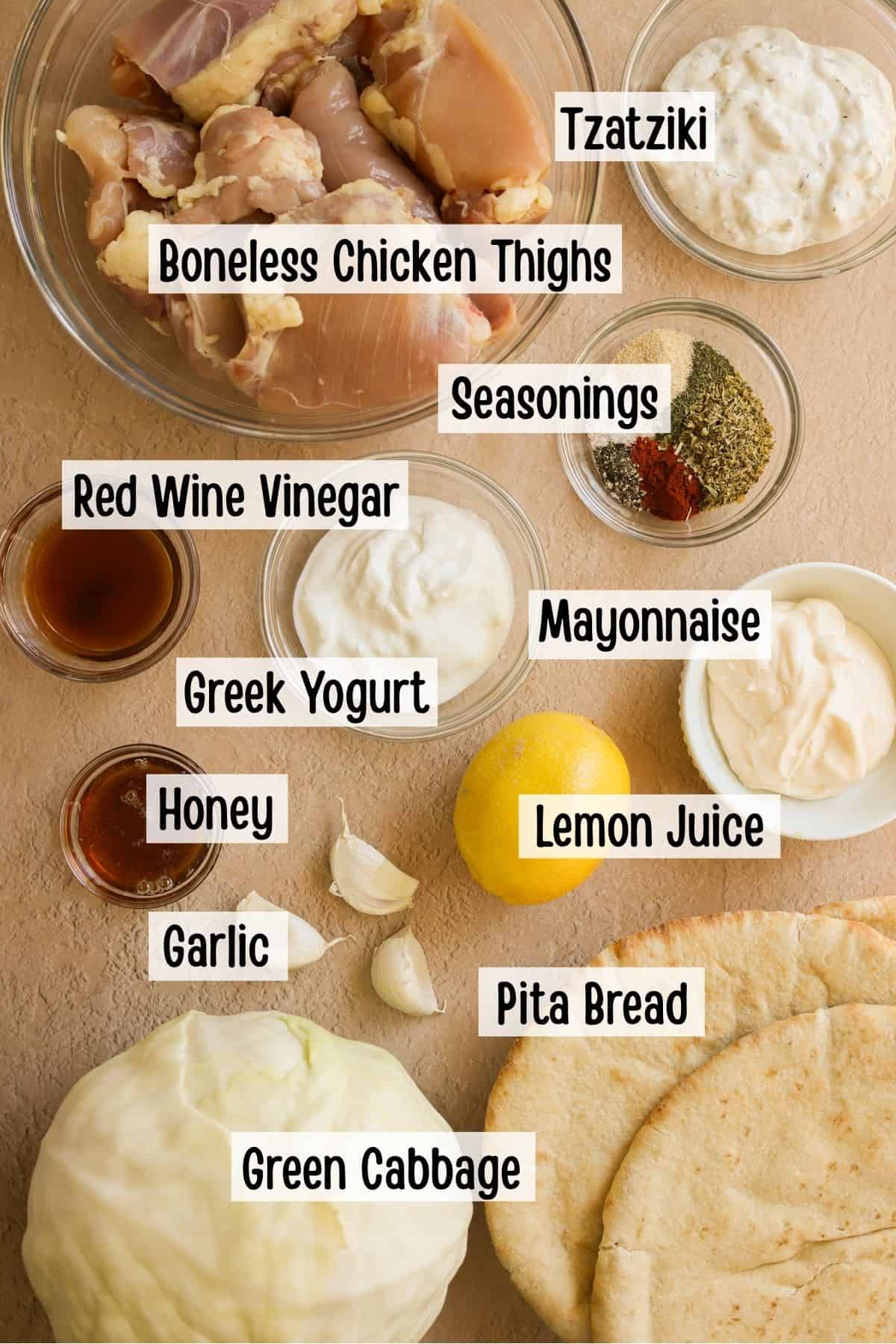 Ingredients needed to make this recipe for grilled chicken pitas.