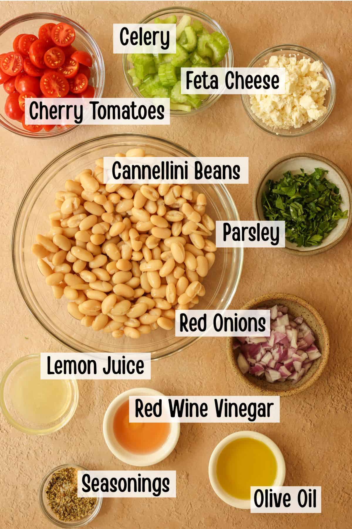 Ingredients needed to make this recipe for Mediterranean-style white bean salad.