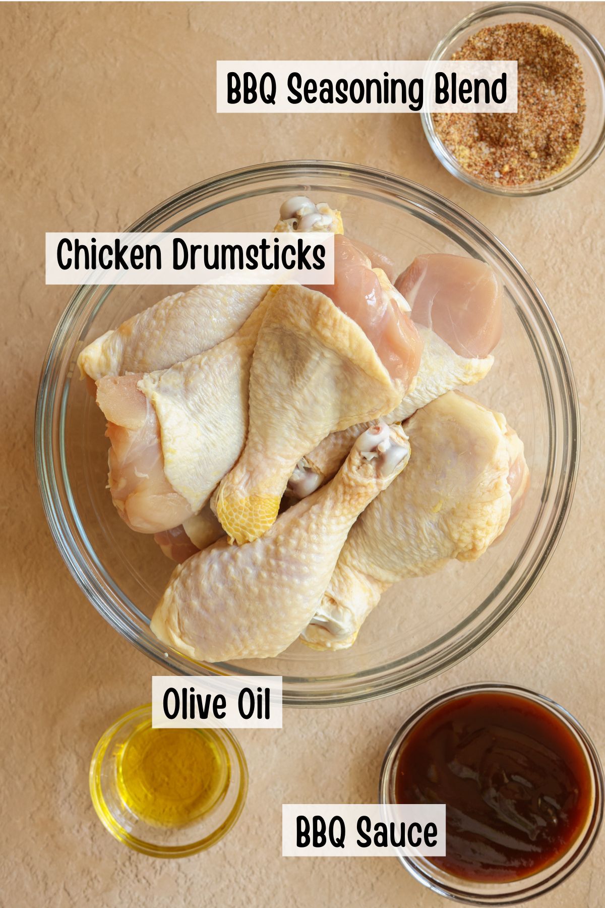 Ingredients needed to make grilled drumsticks with BBQ sauce.