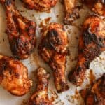 Grilled BBQ chicken drumsticks smothered in BBQ sauce on white parchment paper.
