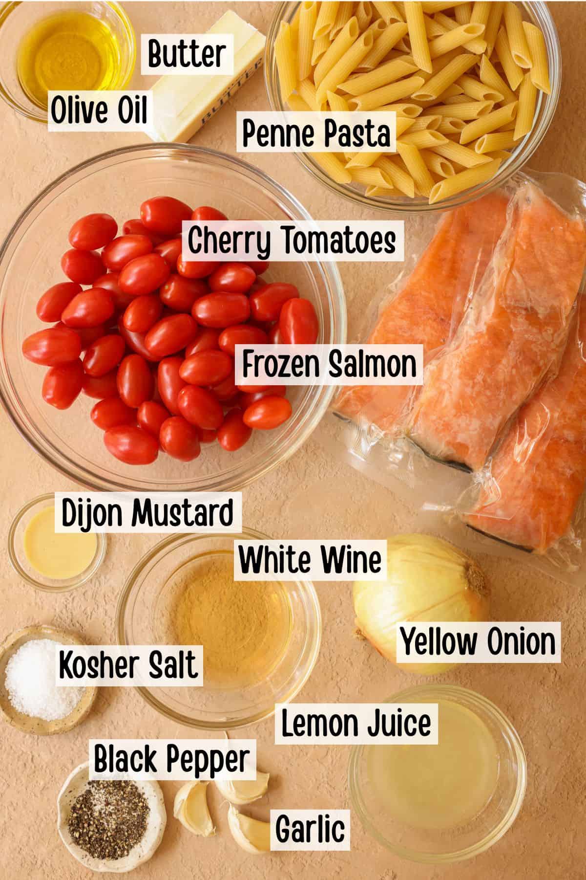 Ingredients needed to make a recipe for salmon pasta without cream sauce.